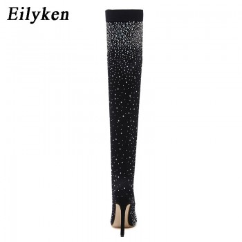 Crystal Stretch Fabric Sock Boots Pointy Toe Over-the-Knee Heel Thigh High Pointed Toe Woman Boot